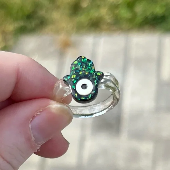 Hamsa Evil Eye Sparkle Ring Black Y2K - Picture 6 of 7